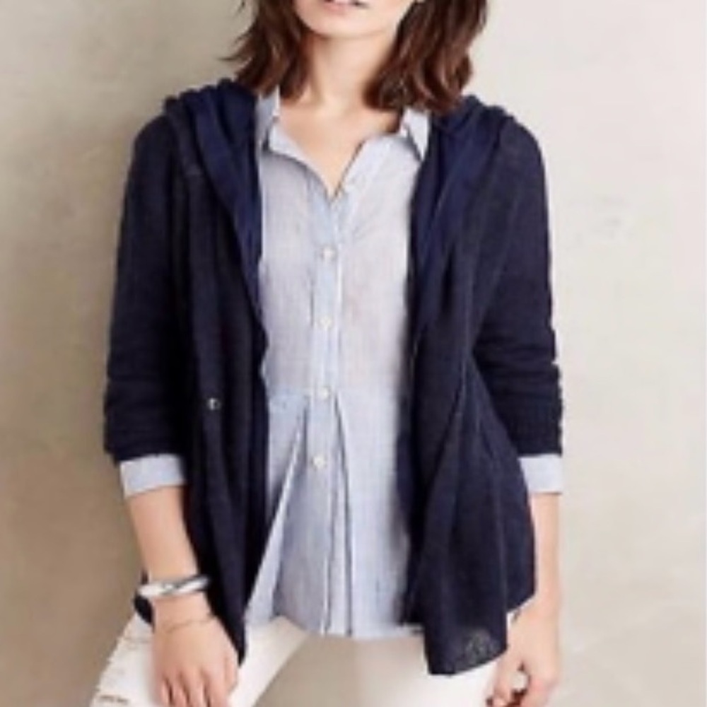 Anthropologie Moth Navy Blue Hooded Cardigan Sweater Single Snap Alpaca blend S - Picture 2 of 13